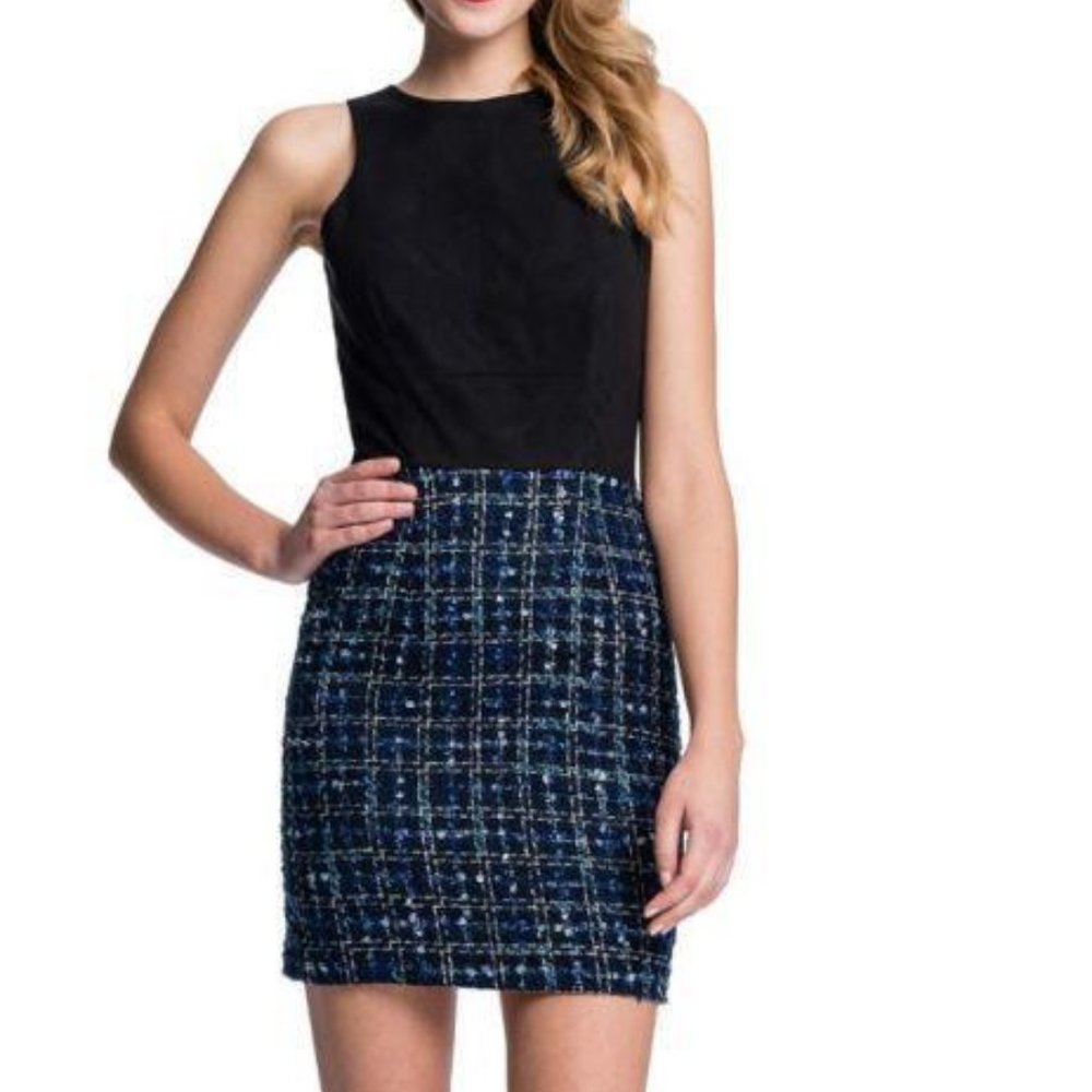 CECE CYNTHIA STEFFE MS SIZES MIDNIGHT BLUE SHAYE PLAID BOUCLE SUEDE TOP DRESS